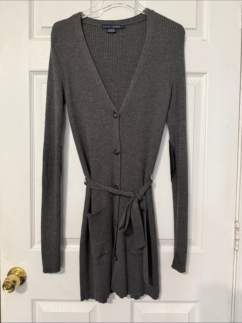 Ralph Lauren Grey‎ Merino Wool Belted Cardigan Sweater Leather Elbow Patch Large
